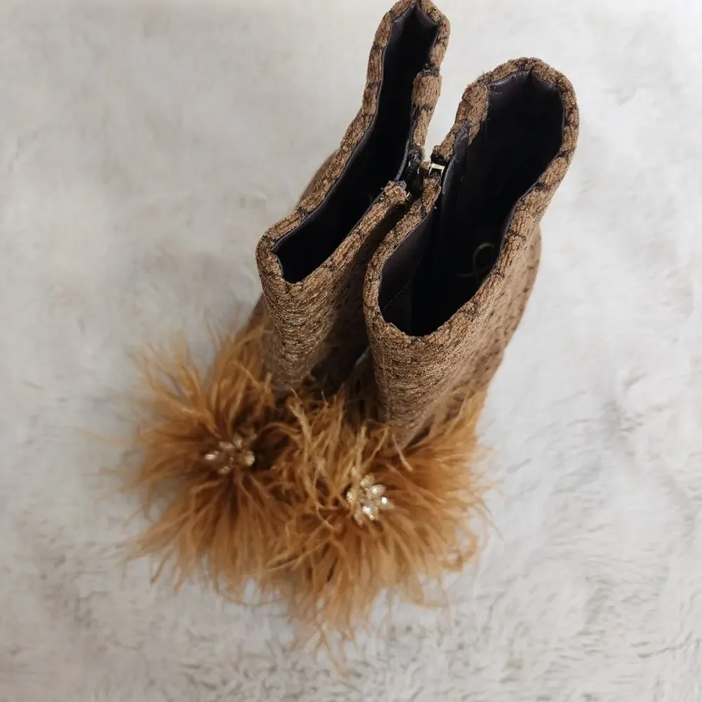 Sam Edelman Ency Feathered Ankle Booties Rhinestone Pointed Toe Brown Heeled 6.5